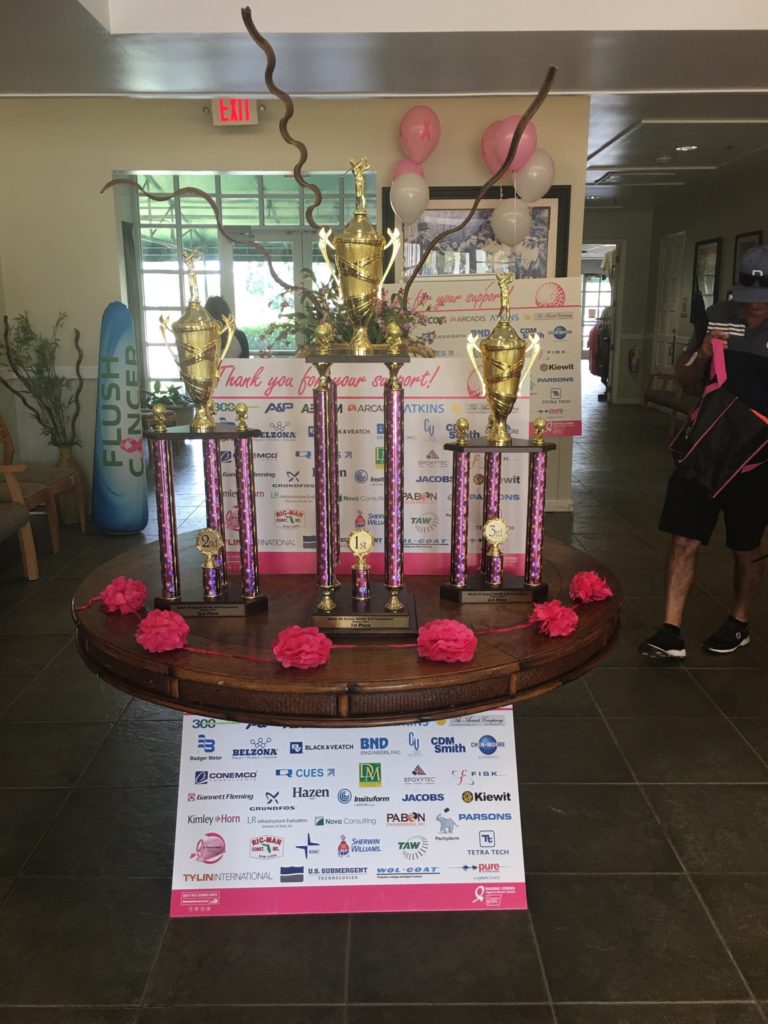 Event trophies at Miami-Dade's Making Strides Against Breast Cancer Golf Tournament.